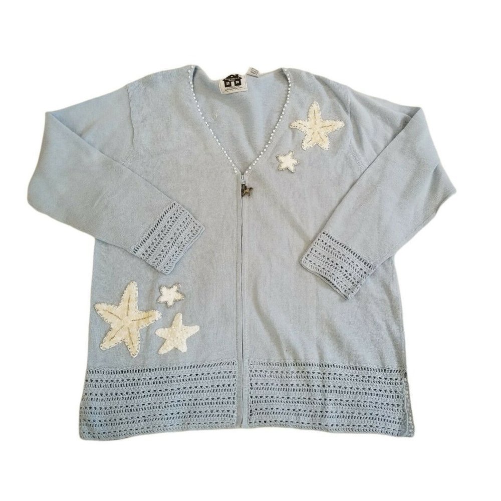 Vintage 90s Light Blue Cardigan Thin Full Zip Embellished Stars Nautical Sz L - Picture 1 of 10